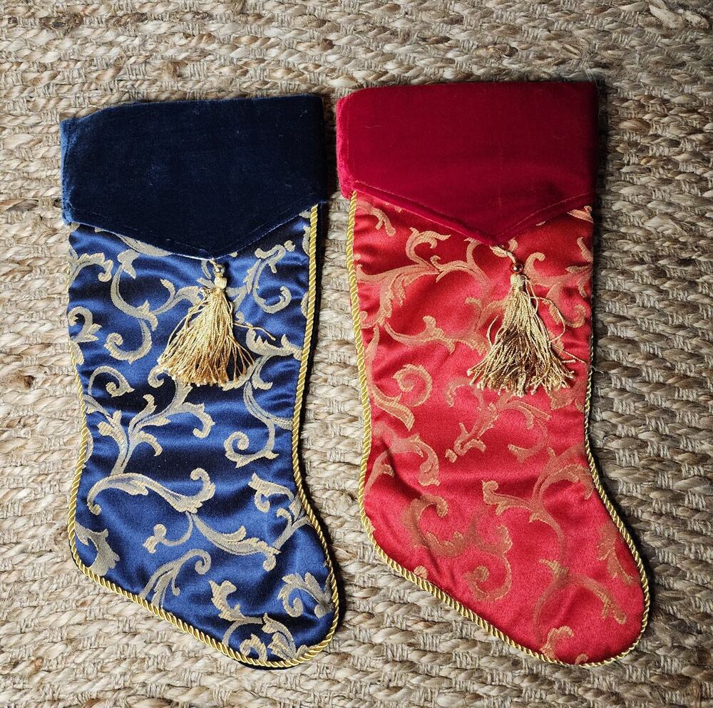 2 Elegant Red, Blue & Gold Christmas Stockings With Velvet Top Tassels Holiday